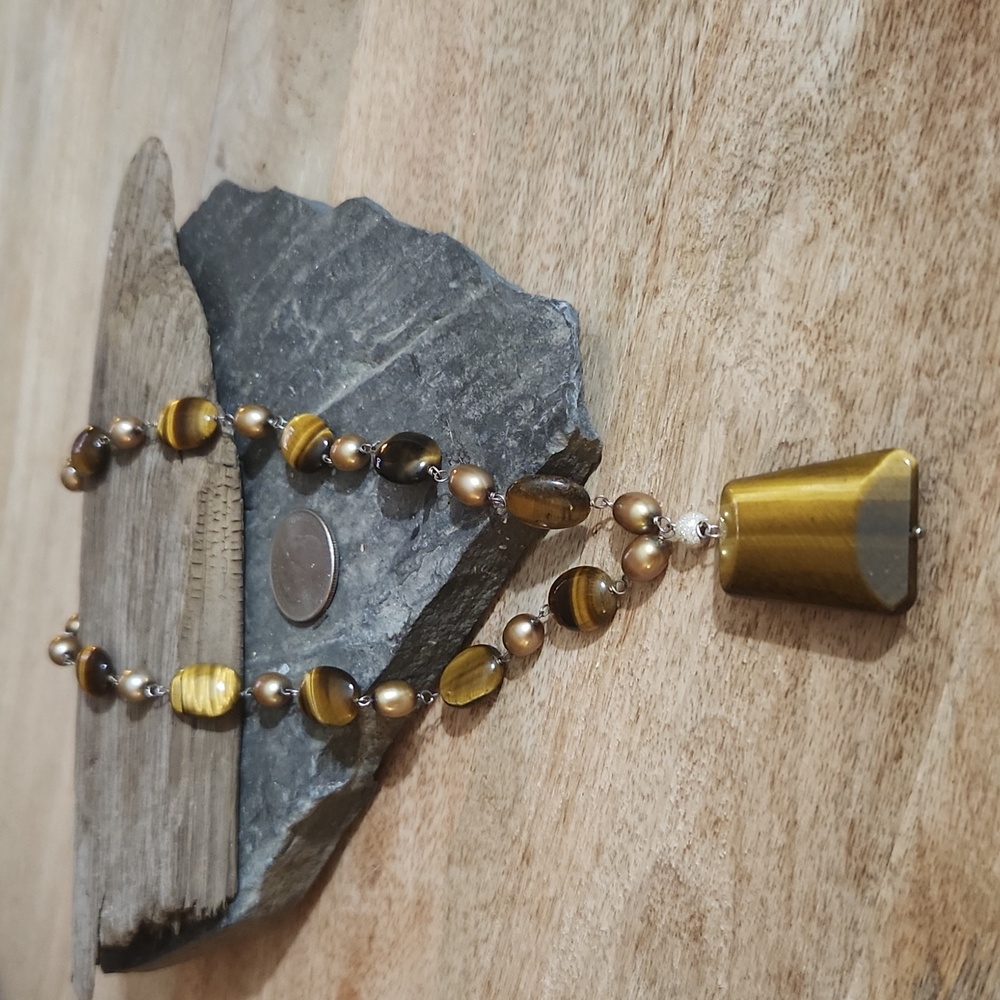 Tigers Eye, Pearl and Sterling Silver Necklace NWOT